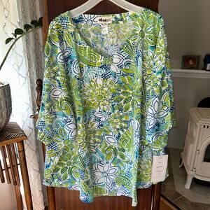 New! We Be Bop Tunic shell Top 3X crepe seascape green blue floral Plus Boho